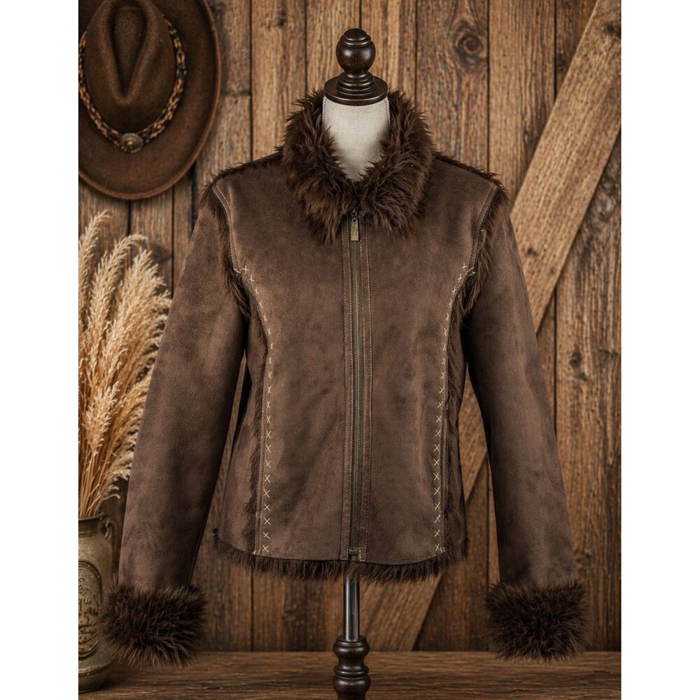 Montanaco Suede Jacket Women Jacket Faux Fur Trim Western Boho Cross Stitch Med